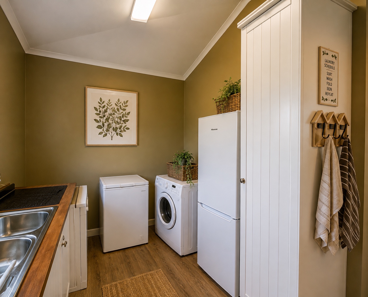 House 2 utility room with fridge-freezer, chest freezer, washing machine, sink and fitted storage